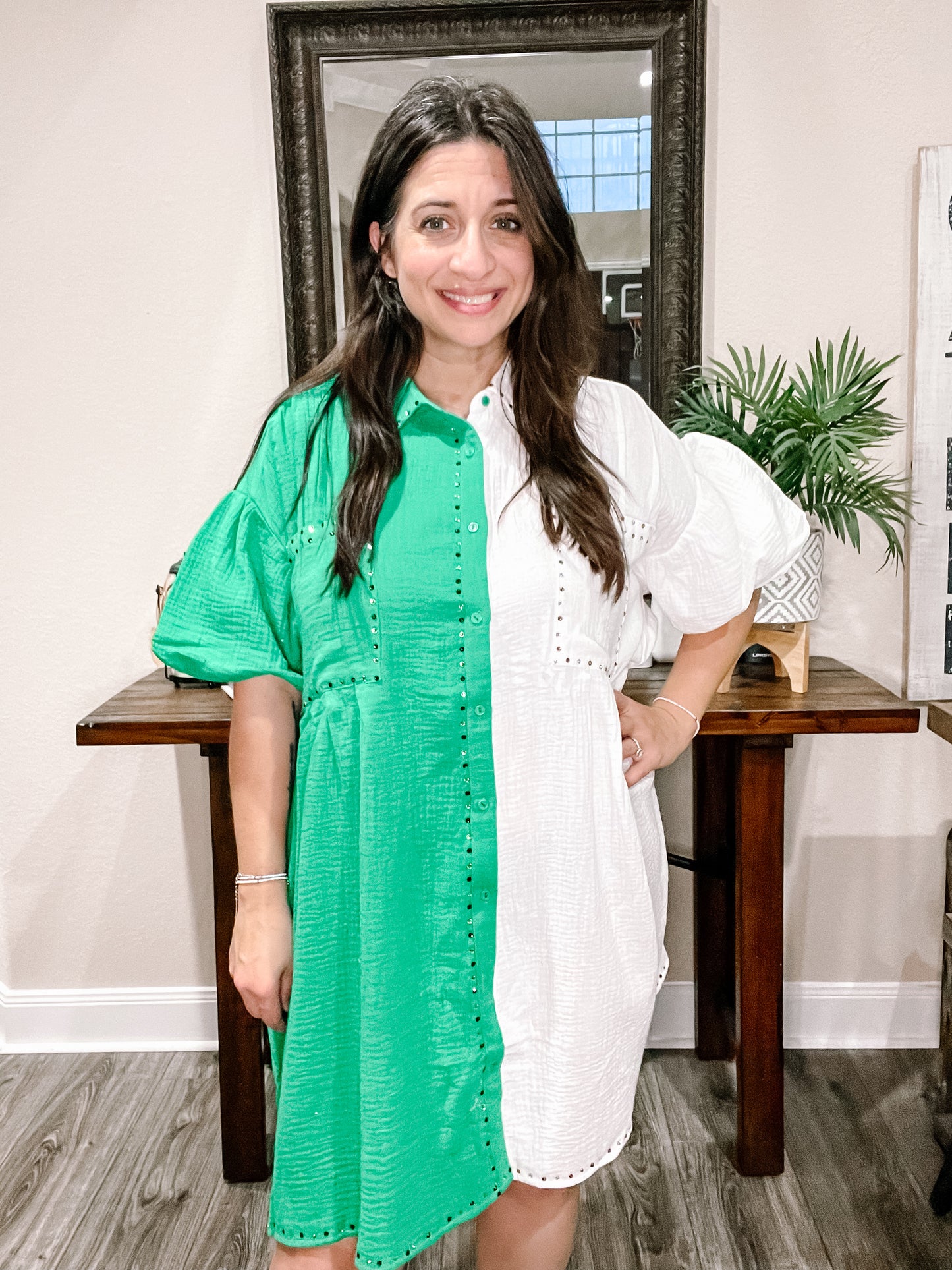 Green/White Colorblock Rhinestone Dress