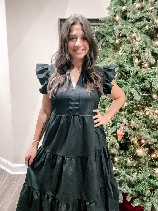 Black Ruffle Sleeve Midi Dress