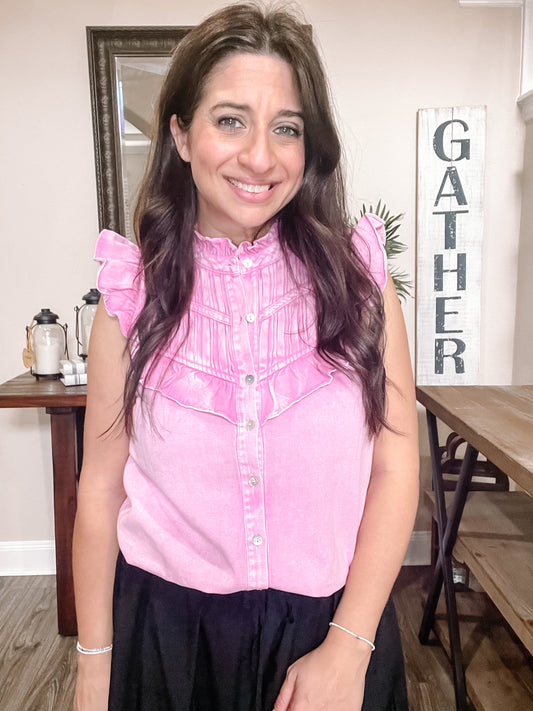 Pink Ruffle Denim Top