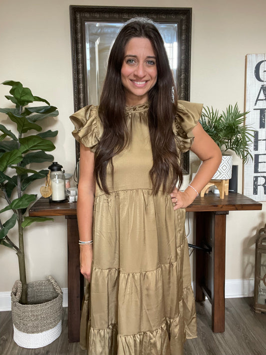 Tiered Olive Satin Dress