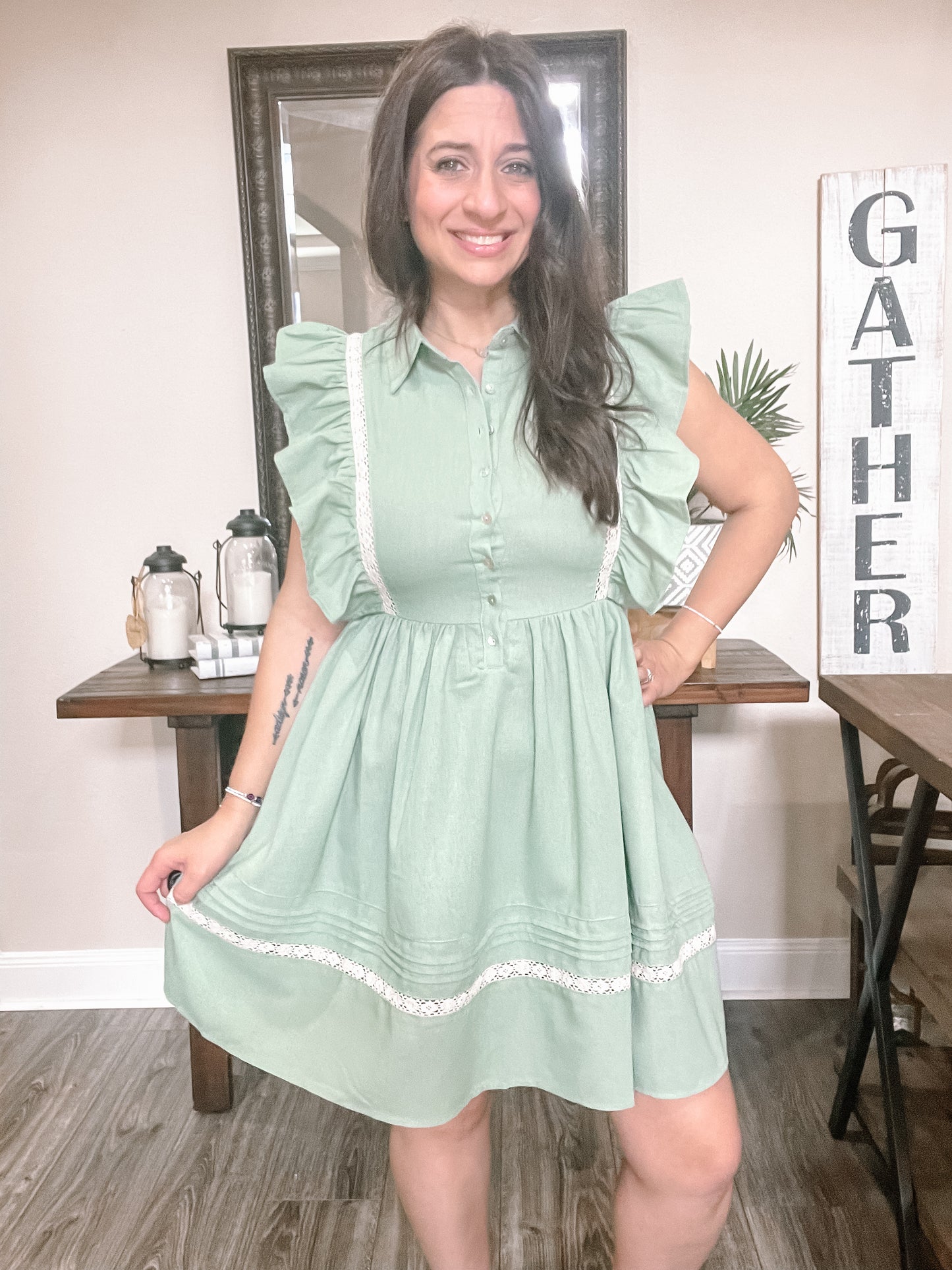 Sage Ruffle Lace Dress