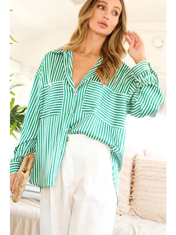 Satin Green Striped Button Up