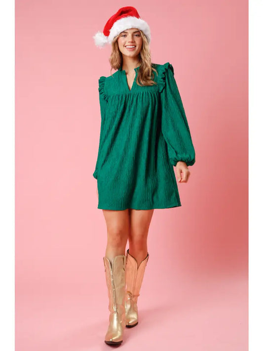 Ruffled Loose Fit Emerald Dress