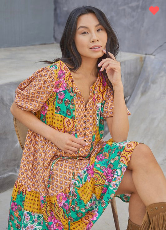 Mixed Print Orange Short Dress