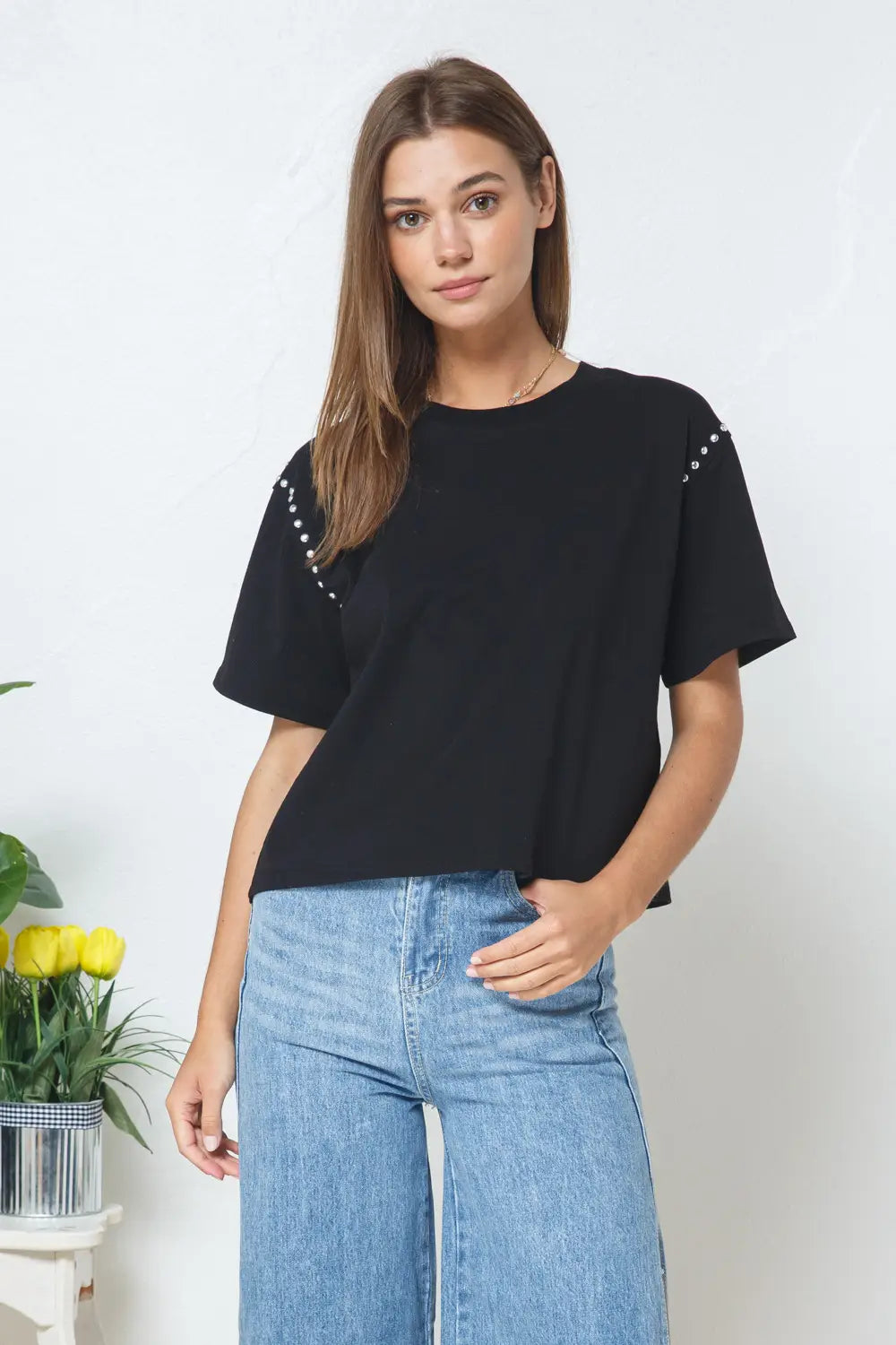 Black Studded Cropped Tee