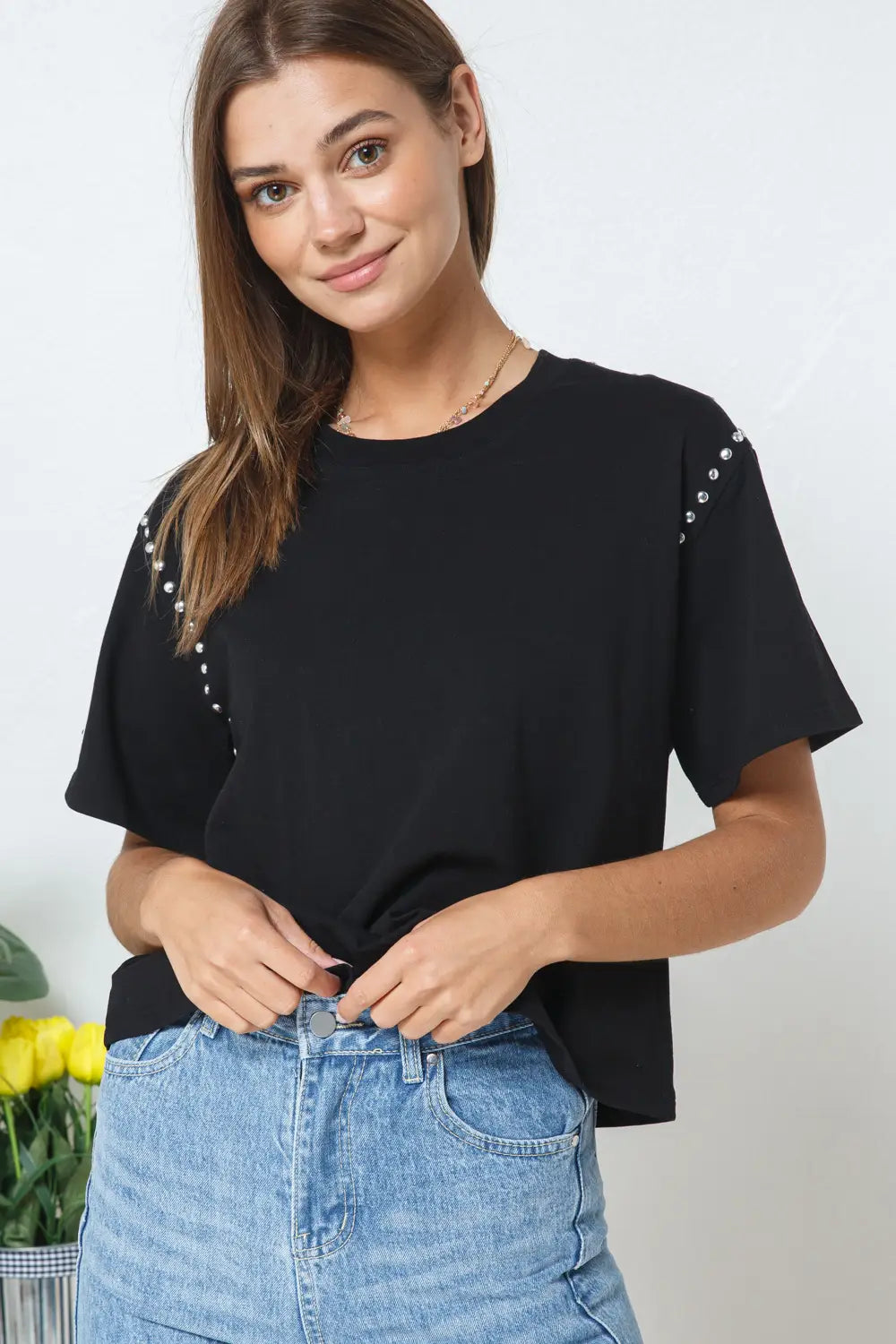 Black Studded Cropped Tee