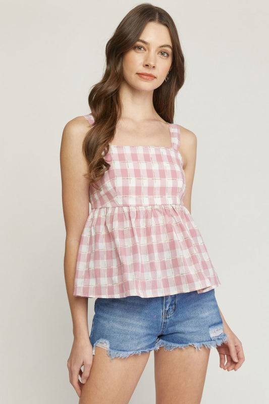 Gingham Sleeveless Peplum Top