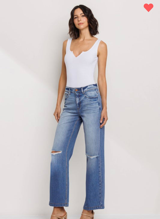 90s Wide Leg Knee Ripped Denim