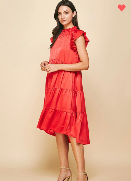 Red Satin Midi Dress