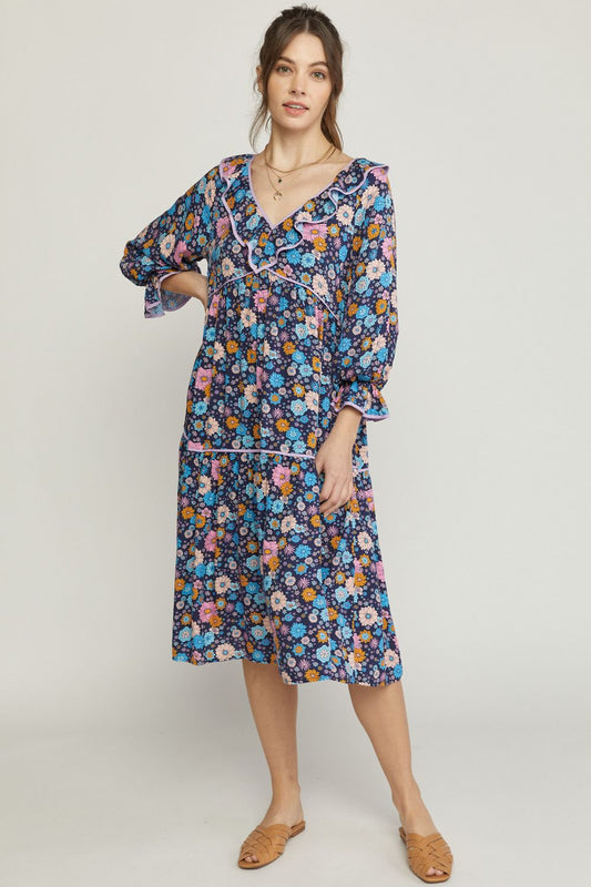 Blue Floral Midi Dress